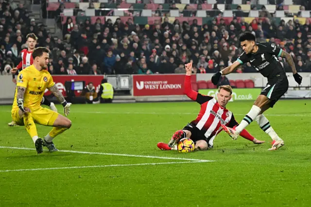 Sepp Van den Berg (C) stops the ball shot by Luis Diaz