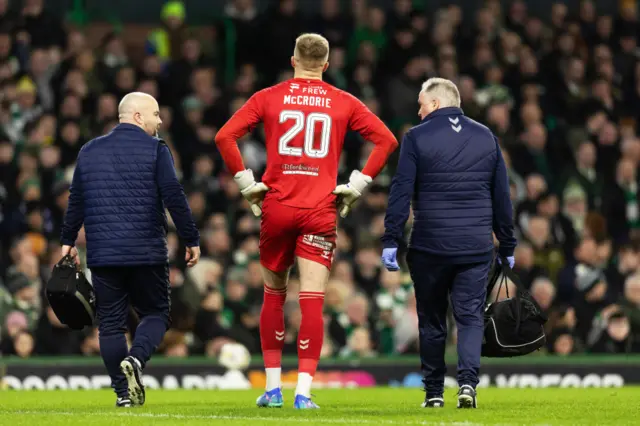 Kilmarnock’s Robby McCrorie is forced off with a first half head knock during a Scottish Gas Men's Scottish Cup Fourth Round match between Celtic and Kilmarnock at Celtic Park, on January 18, 2025, in Glasgow, Scotland. (Photo by Craig Foy / SNS Group)