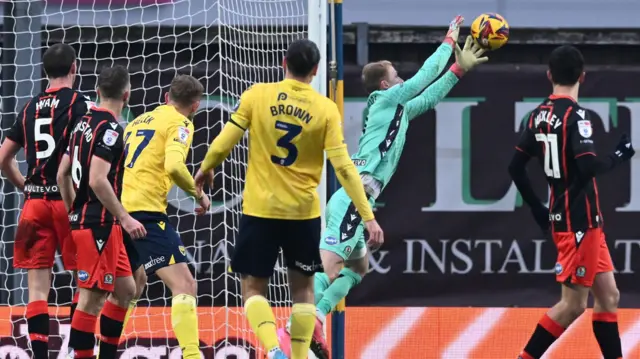 Blackburn goalkeeper Aynsley Pears claims a high ball against Oxford