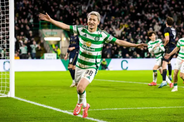 Celtic’s Daizen Maeda celebrates after scoring to make it 2-1 during a Scottish Gas Men's Scottish Cup Fourth Round match between Celtic and Kilmarnock at Celtic Park, on January 18, 2025, in Glasgow, Scotland. (Photo by Craig Williamson / SNS Group)