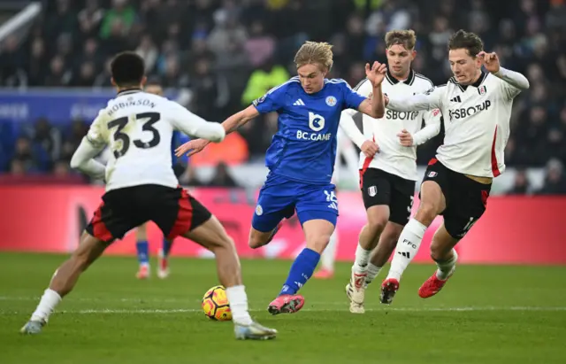 Victor Kristiansen of Leicester City takes a shot.