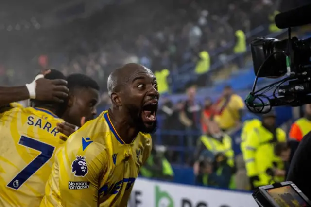 Jean-Philippe Mateta of Crystal Palace celebrates after scoring the second goal by Marc Guehi (not in the picture) during the Premier League match between Leicester City FC and Crystal Palace FC