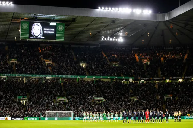 GLASGOW, SCOTLAND - JANUARY 18: A minutes applause in memory of Manchester United and Scotland legend Denis Law during a Scottish Gas Men's Scottish Cup Fourth Round match between Celtic and Kilmarnock at Celtic Park, on January 18, 2025, in Glasgow, Scotland. (Photo by Craig Williamson / SNS Group)