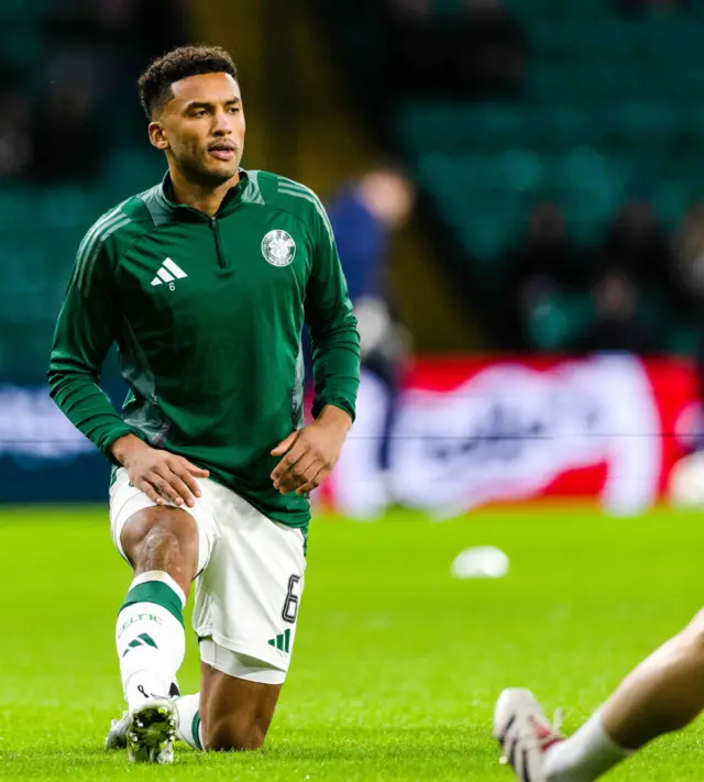 Celtic's Auston Trusty warms up during a Scottish Gas Men's Scottish Cup Fourth Round match between Celtic and Kilmarnock at Celtic Park, on January 18, 2025, in Glasgow, Scotland. (Photo by Craig Williamson / SNS Group)