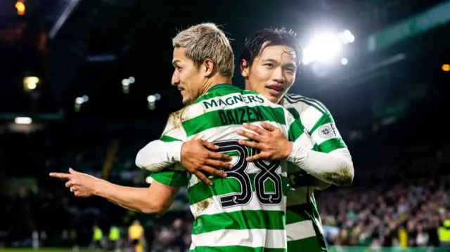 Celtic’s Daizen Maeda celebrates with Reo Hatate after scoring to make it 2-1 during a Scottish Gas Men's Scottish Cup Fourth Round match between Celtic and Kilmarnock at Celtic Park, on January 18, 2025, in Glasgow, Scotland. (Photo by Craig Williamson / SNS Group)