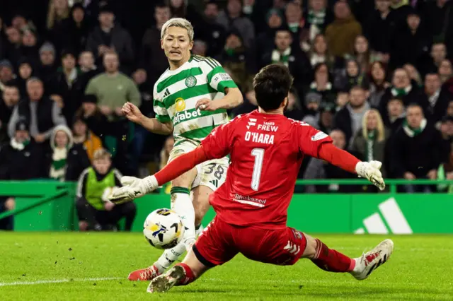 Celtic’s Daizen Maeda scores to make it 2-1 during a Scottish Gas Men's Scottish Cup Fourth Round match between Celtic and Kilmarnock at Celtic Park, on January 18, 2025, in Glasgow, Scotland. (Photo by Craig Foy / SNS Group)