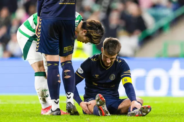 Kilmarnock's Brad Lyons is forced off with a first half injury during a Scottish Gas Men's Scottish Cup Fourth Round match between Celtic and Kilmarnock at Celtic Park, on January 18, 2025, in Glasgow, Scotland. (Photo by Craig Williamson / SNS Group)