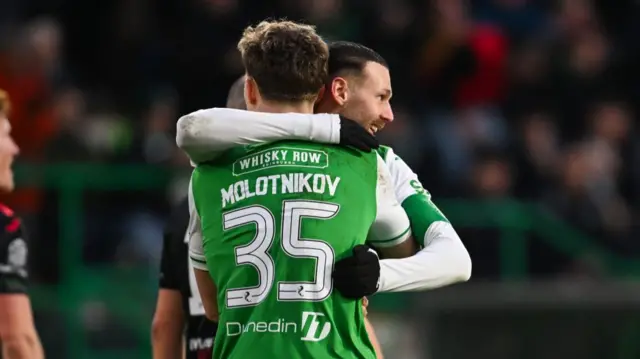 Hibernian's Martin Boyle (R) celebrates scoring to make it 3-0 with teammate Rudi Molotnikov during a Scottish Gas Men's Scottish Cup Fourth Round match between Hibernian and Clydebank at Easter Road, on January 18, 2025, in Edinburgh, Scotland. (Photo by Rob Casey / SNS Group)