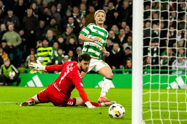 Celtic’s Daizen Maeda scores to make it 2-1 during a Scottish Gas Men's Scottish Cup Fourth Round match between Celtic and Kilmarnock at Celtic Park, on January 18, 2025, in Glasgow, Scotland. (Photo by Craig Foy / SNS Group)
