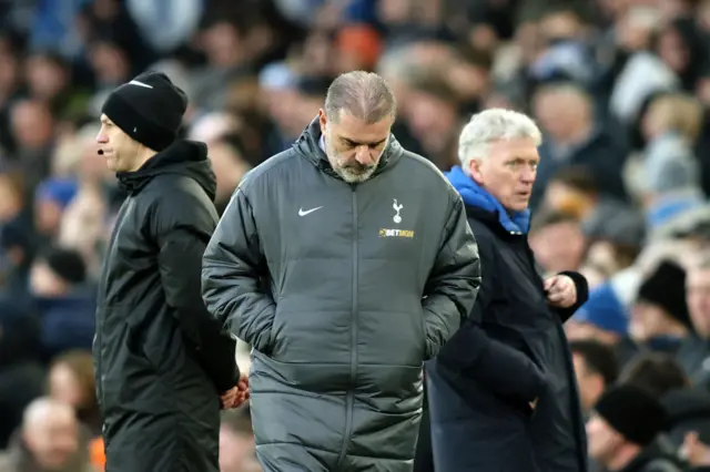 Ange Postecoglou, Manager of Tottenham Hotspur, shows dejection after defeat.