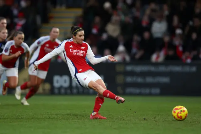 Mariona Caldentey of Arsenal scores her team's fourth goal from a penalty kick during the Barclays Women's Super League match between Arsenal FC and Crystal Palace