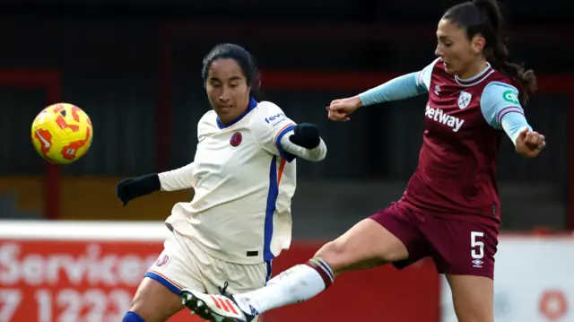 West Ham United's Amber Tysiak (right) and Mayra Ramirez battle for the ball Chelsea's during the Barclays Women's Super League match