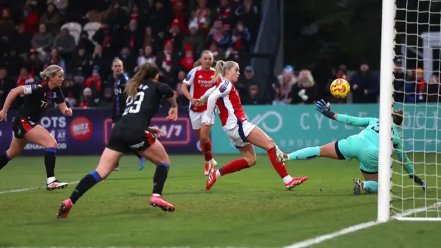 Alessia Russo of Arsenal scores her team's second goal past Shae Yanez of Crystal Palace during the Barclays Women's Super League match between Arsenal FC and Crystal Palace