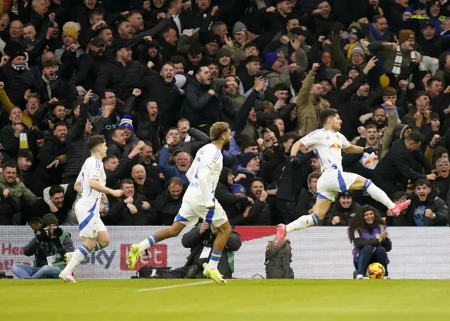 Manor Solomon celebrates giving Leeds the lead against Sheffield Wednesday