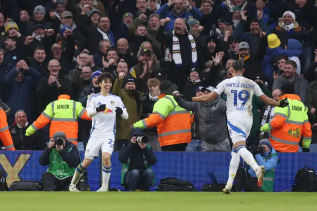 Ao Tanaka celebrates scoring Leeds' third against Sheffield Wednesday