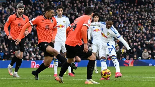 Largie Ramazani scores Leeds' second goal against Sheffield Wednesday