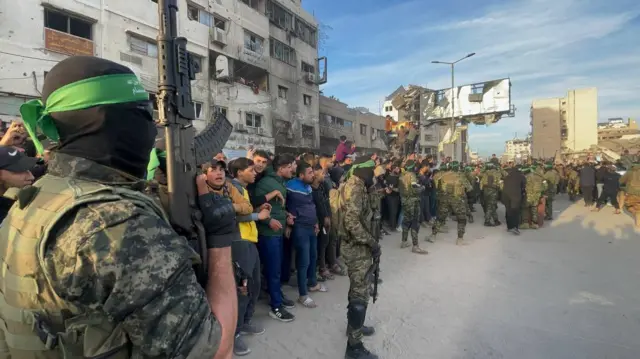 Stills from the main square in Gaza City just before the transfer of 3 Israeli hostages.