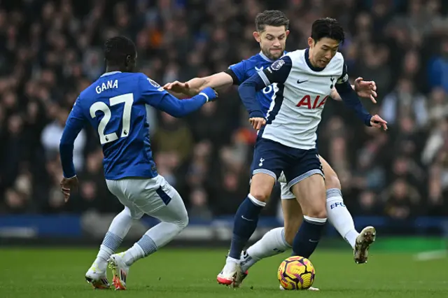 Son Heung-Min (R) vies with Everton's English defender #06 James Tarkowski