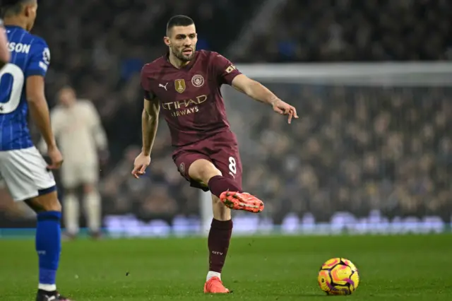 Manchester City's Croatian midfielder #08 Mateo Kovacic plays a pass during the English Premier League football match between Ipswich Town and Manchester City.