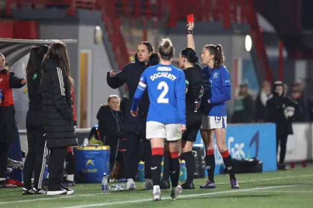 Rangers manager Jo Potter is shown a red card