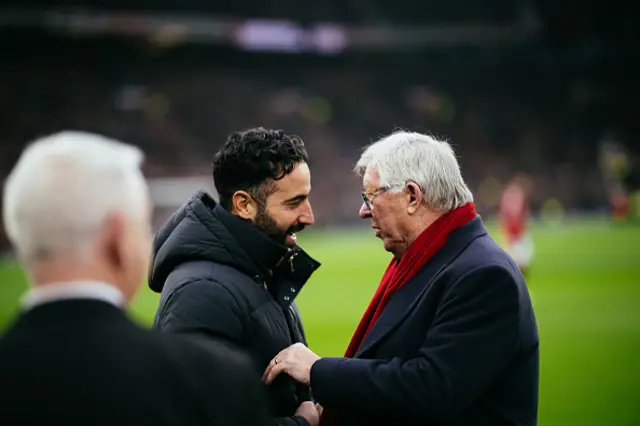 Ruben Amorim, Manager of Manchester United interacts with Sir Alex Ferguson