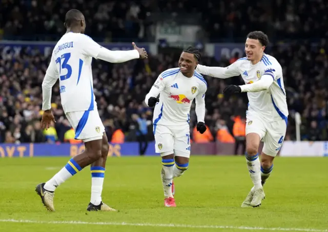 Leeds celebrate Largie Ramazani's goal against Sheffield Wednesday