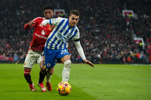 Amad Diallo (L) fights for the ball Brighton's Swedish midfielder #26 Yasin Ayari