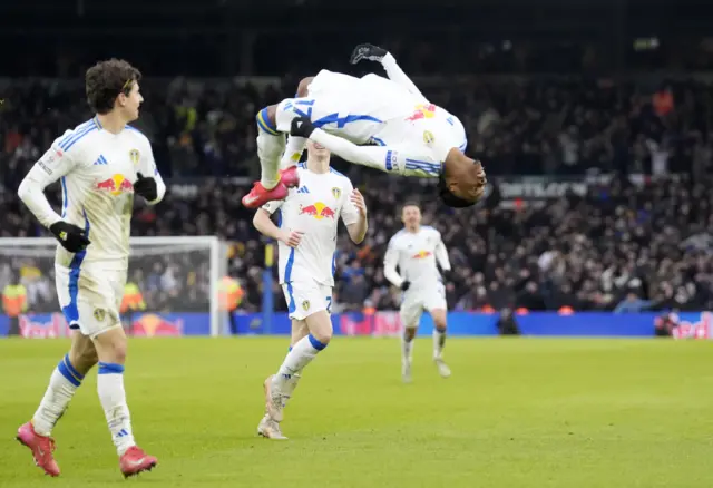 Largie Ramazani celebrates scoring Leeds' second goal against Sheffield Wednesday