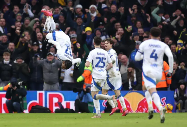 Largie Ramazani celebrates scoring Leeds' second goal against Sheffield Wednesday