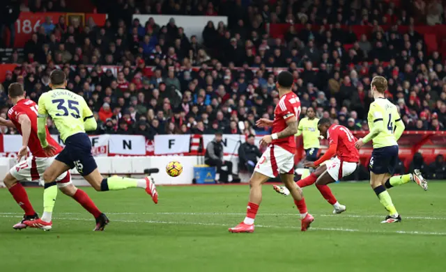 Callum Hudson-Odoi of Nottingham Forest shoots