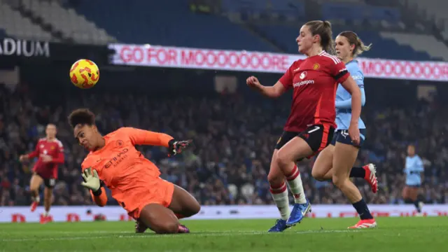 Ella Toone of Manchester United scores her team's first goal during the Barclays Women's Super League match between Manchester City and Manchester United