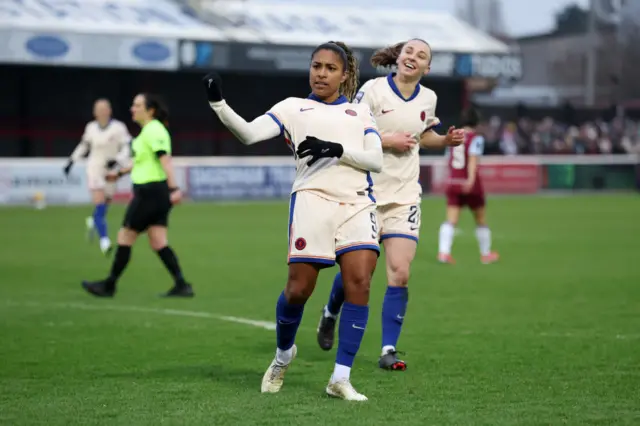 Catarina Macario of Chelsea celebrates scoring his team's first goal during the Barclays Women's Super League match between West Ham United and Chelsea