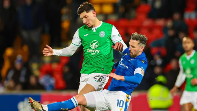 St Johnstone's Nicky Clark challenges Hibernian's Nectarios Triantis