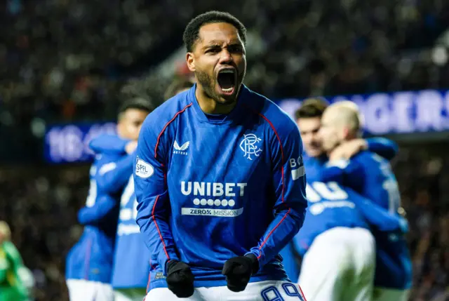 GLASGOW, SCOTLAND - JANUARY 02: Rangers' Danilo celebrates scoring to make it 3-0 during a William Hill Premiership match between Rangers and Celtic at Ibrox Stadium, on January 02, 2025, in Glasgow, Scotland.  (Photo by Craig Foy / SNS Group)