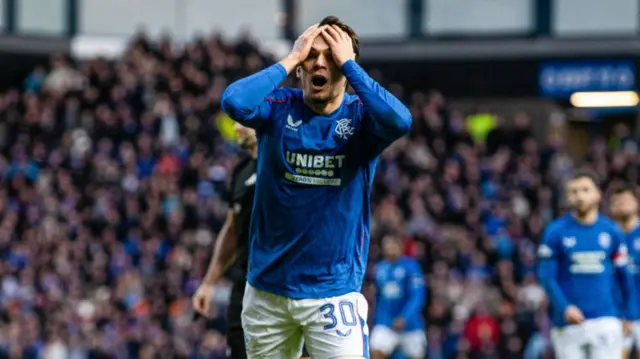 GLASGOW, SCOTLAND - JANUARY 02: Rangers' Ianis Hagi looks dejected as he misses a chance during a William Hill Premiership match between Rangers and Celtic at Ibrox Stadium, on January 02, 2025, in Glasgow, Scotland.  (Photo by Craig Williamson / SNS Group)