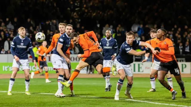 DUNDEE, SCOTLAND - JANUARY 02: Dundee United's Vicko Sevelj scores to make it 1-1 during a William Hill Premiership match between Dundee and Dundee United at the Scot Foam Stadium at Dens Park, on January 02, 2025, in Dundee, Scotland.  (Photo by Ross Parker / SNS Group)