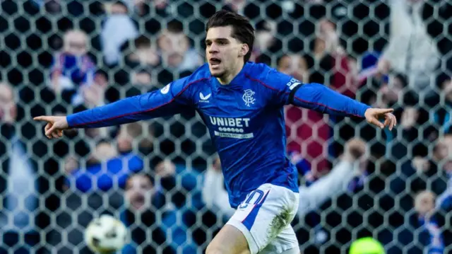 GLASGOW, SCOTLAND - JANUARY 02: Rangers' Ianis Hagi celebrates scoring to make it 1-0 during a William Hill Premiership match between Rangers and Celtic at Ibrox Stadium, on January 02, 2025, in Glasgow, Scotland.  (Photo by Craig Foy / SNS Group)