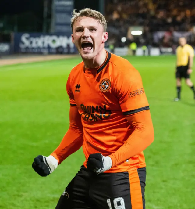 DUNDEE, SCOTLAND - JANUARY 02: Dundee United's Sam Dalby celebrates after scoring to make it 2-1 during a William Hill Premiership match between Dundee and Dundee United at the Scot Foam Stadium at Dens Park, on January 02, 2025, in Dundee, Scotland.  (Photo by Paul Devlin / SNS Group)