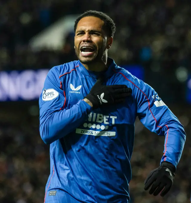 GLASGOW, SCOTLAND - JANUARY 02: Rangers' Danilo celebrates scoring to make it 3-0 during a William Hill Premiership match between Rangers and Celtic at Ibrox Stadium, on January 02, 2025, in Glasgow, Scotland.  (Photo by Craig Foy / SNS Group)