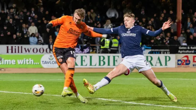 DUNDEE, SCOTLAND - JANUARY 02: Dundee United's Sam Dalby scores to make it 2-1 during a William Hill Premiership match between Dundee and Dundee United at the Scot Foam Stadium at Dens Park, on January 02, 2025, in Dundee, Scotland.  (Photo by Ross Parker / SNS Group)