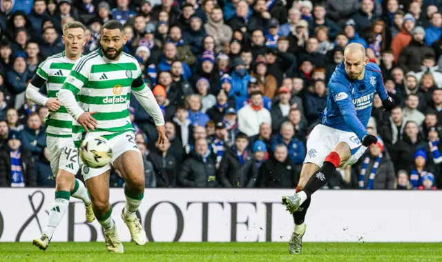 GLASGOW, SCOTLAND - JANUARY 02: Rangers' Vaclav cerny hits the crossbar during a William Hill Premiership match between Rangers and Celtic at Ibrox Stadium, on January 02, 2025, in Glasgow, Scotland.  (Photo by Craig Williamson / SNS Group)