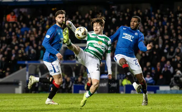 GLASGOW, SCOTLAND - JANUARY 02: Celtic's Kyogo Furuhashi scores before it is ruled out for offside during a William Hill Premiership match between Rangers and Celtic at Ibrox Stadium, on January 02, 2025, in Glasgow, Scotland.  (Photo by Alan Harvey / SNS Group)