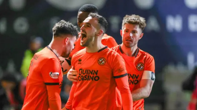 DUNDEE, SCOTLAND - JANUARY 02: Dundee United's Vicko Sevelj celebrates after scoring to make it 1-1 during a William Hill Premiership match between Dundee and Dundee United at the Scot Foam Stadium at Dens Park, on January 02, 2025, in Dundee, Scotland.  (Photo by Ross Parker / SNS Group)