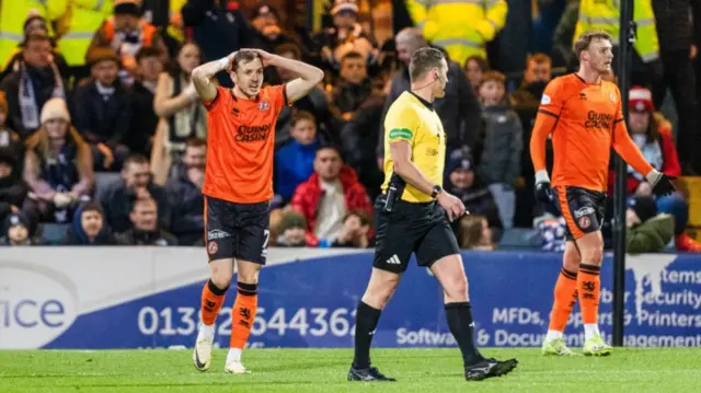 DUNDEE, SCOTLAND - JANUARY 02: Dundee United's Kristijan Trapanovski looks dejected after missing a chance during a William Hill Premiership match between Dundee and Dundee United at the Scot Foam Stadium at Dens Park, on January 02, 2025, in Dundee, Scotland.  (Photo by Ross Parker / SNS Group)