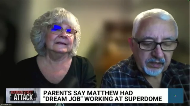 A blonde woman, left, sits next to a man with white hair. They both wear glasses, hers obscured blue by a screen not in frame. A news strap at the bottom of the screen reads "Parents say Matthew had dream job working at Superdome"