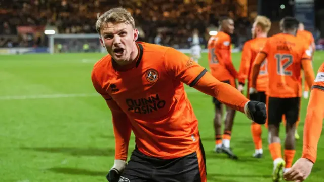 DUNDEE, SCOTLAND - JANUARY 02: Dundee United's Sam Dalby celebrates after scoring to make it 2-1 during a William Hill Premiership match between Dundee and Dundee United at the Scot Foam Stadium at Dens Park, on January 02, 2025, in Dundee, Scotland.  (Photo by Paul Devlin / SNS Group)