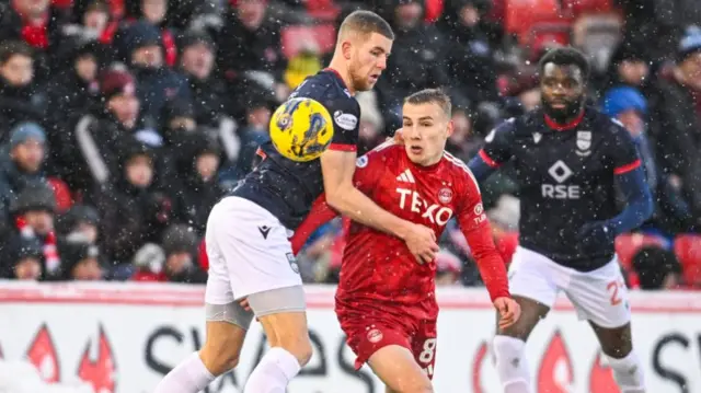 Ross County's Ryan Leak with Aberdeen's Topi Keskinen