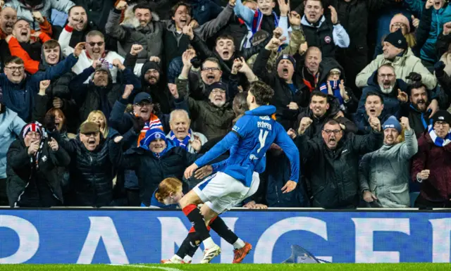 GLASGOW, SCOTLAND - JANUARY 02: Rangers' Robin Propper celebrates as he scores to make it 2-0 during a William Hill Premiership match between Rangers and Celtic at Ibrox Stadium, on January 02, 2025, in Glasgow, Scotland.  (Photo by Alan Harvey / SNS Group)