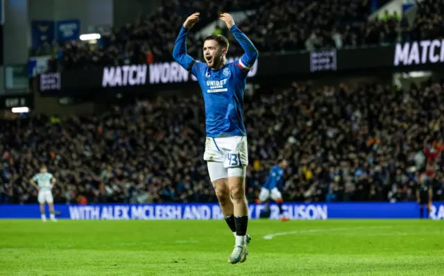 GLASGOW, SCOTLAND - JANUARY 02: Rangers' Nicolas Raskin celebrates as Robin Propper scores to make it 2-0 during a William Hill Premiership match between Rangers and Celtic at Ibrox Stadium, on January 02, 2025, in Glasgow, Scotland.  (Photo by Craig Foy / SNS Group)