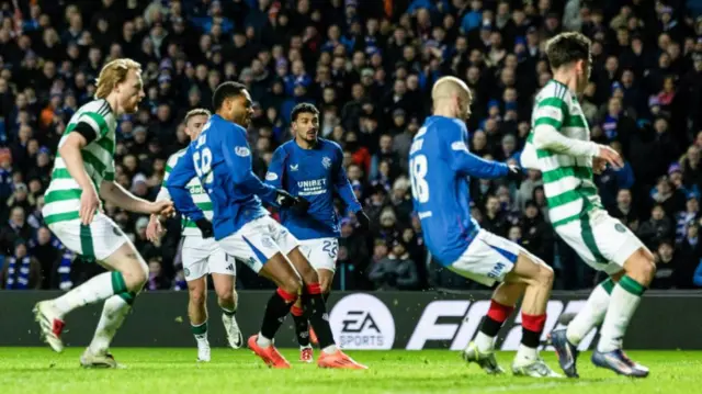 GLASGOW, SCOTLAND - JANUARY 02: Rangers' Danilo (centre) scores to make it 3-0 during a William Hill Premiership match between Rangers and Celtic at Ibrox Stadium, on January 02, 2025, in Glasgow, Scotland.  (Photo by Craig Foy / SNS Group)